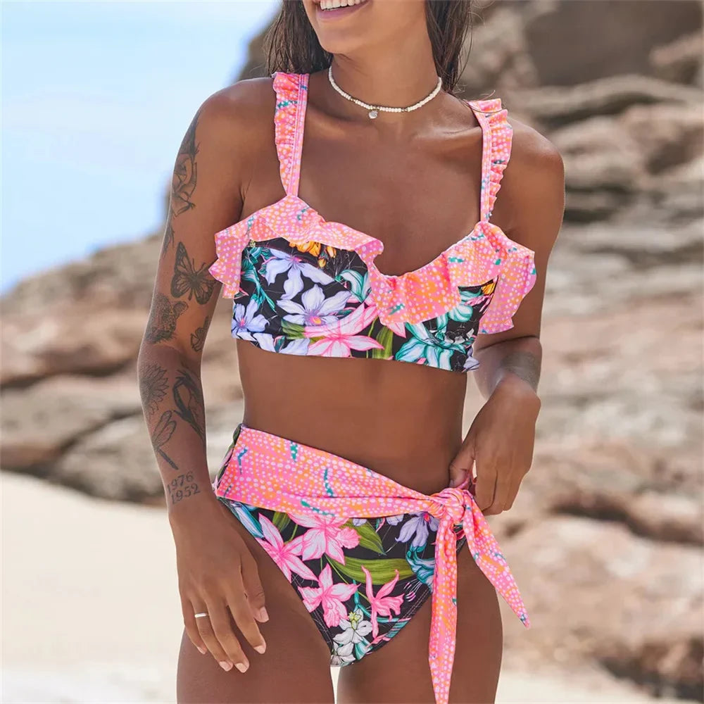 New Print Push Up Bikini 2025 Sexy Women Swimsuit Female Brazilian Biquini Belt Swimwear Micro Bikini Ruffle Swim Suit Beachwear