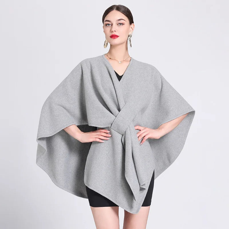 Casual Wool Blend Poncho Coat in Solid Color for Women