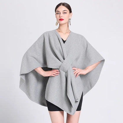 Casual Wool Blend Poncho Coat in Solid Color for Women