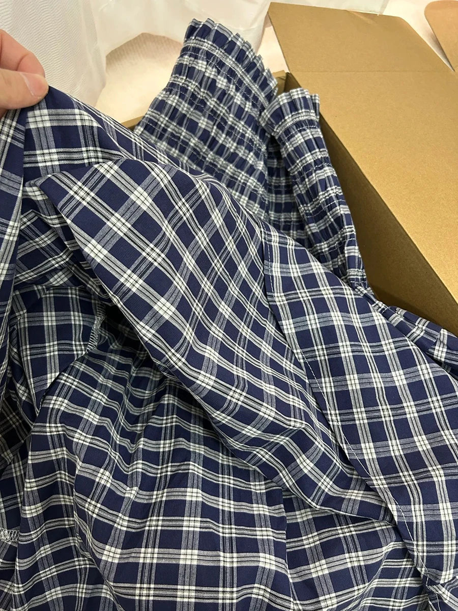 Women's Y2K Navy Plaid A-Line Knee-Length Skirt