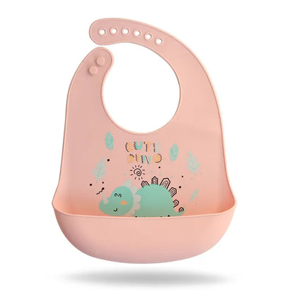 Waterproof Baby Bibs with Adorable Cartoon Dinosaur Print – Adjustable, Soft Silicone Material for Mess-Free Toddler Feeding