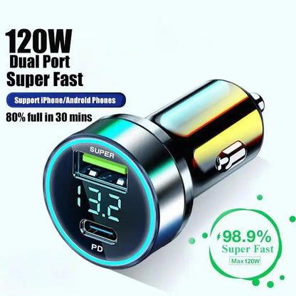 120W Portable PD 20W Car Charger - Super Fast Charge Adapter/Type C USB
