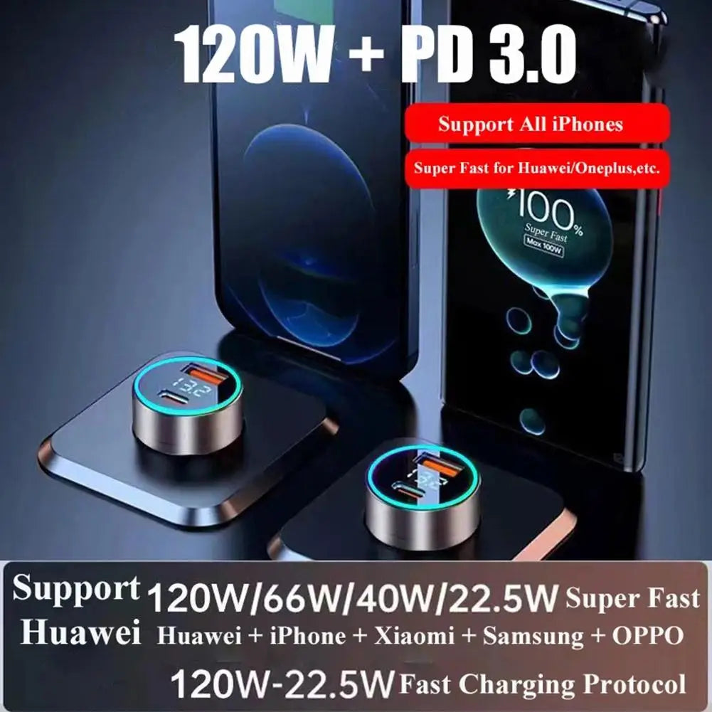 120W Portable PD 20W Car Charger - Super Fast Charge Adapter/Type C USB