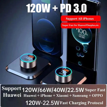 120W Portable PD 20W Car Charger - Super Fast Charge Adapter/Type C USB