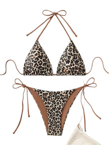 2024 Sexy Leopard Print Bikini Set - Triangle Bra Halter Backless Swimsuit with Lace-Up Details for Beach Vacations