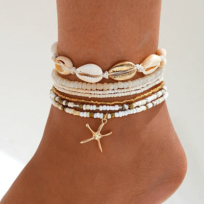 Vintage Gold Starfish & Shell Beach Anklet Set for Women