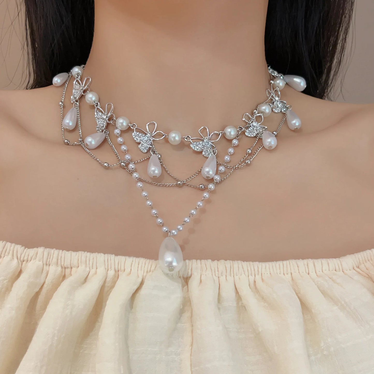 Silver-Tone Blue Gem Waterfall Necklace and Earrings Set