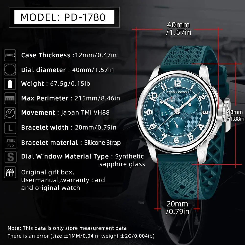 New Arrival 40mm Japan TMI VH88 Movt Sapphire Crystal Calendar 24 Hours 100M Waterproof Quartz Wristwatches for Men