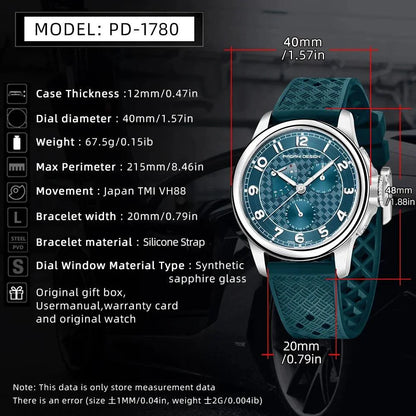 New Arrival 40mm Japan TMI VH88 Movt Sapphire Crystal Calendar 24 Hours 100M Waterproof Quartz Wristwatches for Men