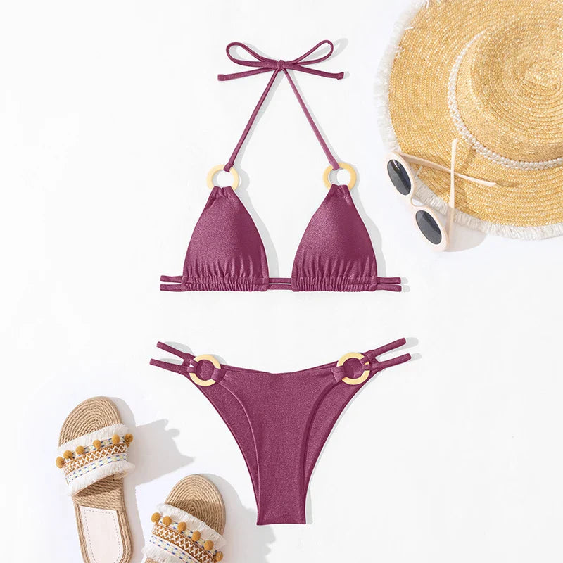 Solid O Ring Swimsuit For Women Tie Side Shiny Metal Hardware Ring Bandeau Bikini