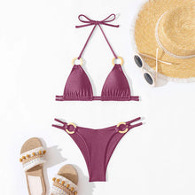 Solid O Ring Swimsuit For Women Tie Side Shiny Metal Hardware Ring Bandeau Bikini