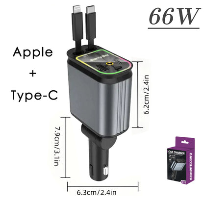 4in1 Retractable Car Charger with USB Roof Star Type-C Cable for iPhone Fast Charging Cigarette Lighter Adapter Starlight Phone