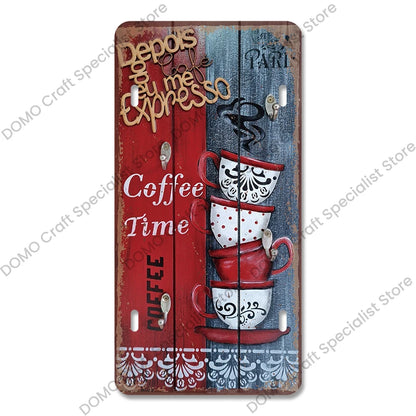 Coffee Licenses Plate Vintage Metal Tin Signs Retro Coffee Time Metal Plaques for Cafe Kitchen Living Room Home Wall Art Decor