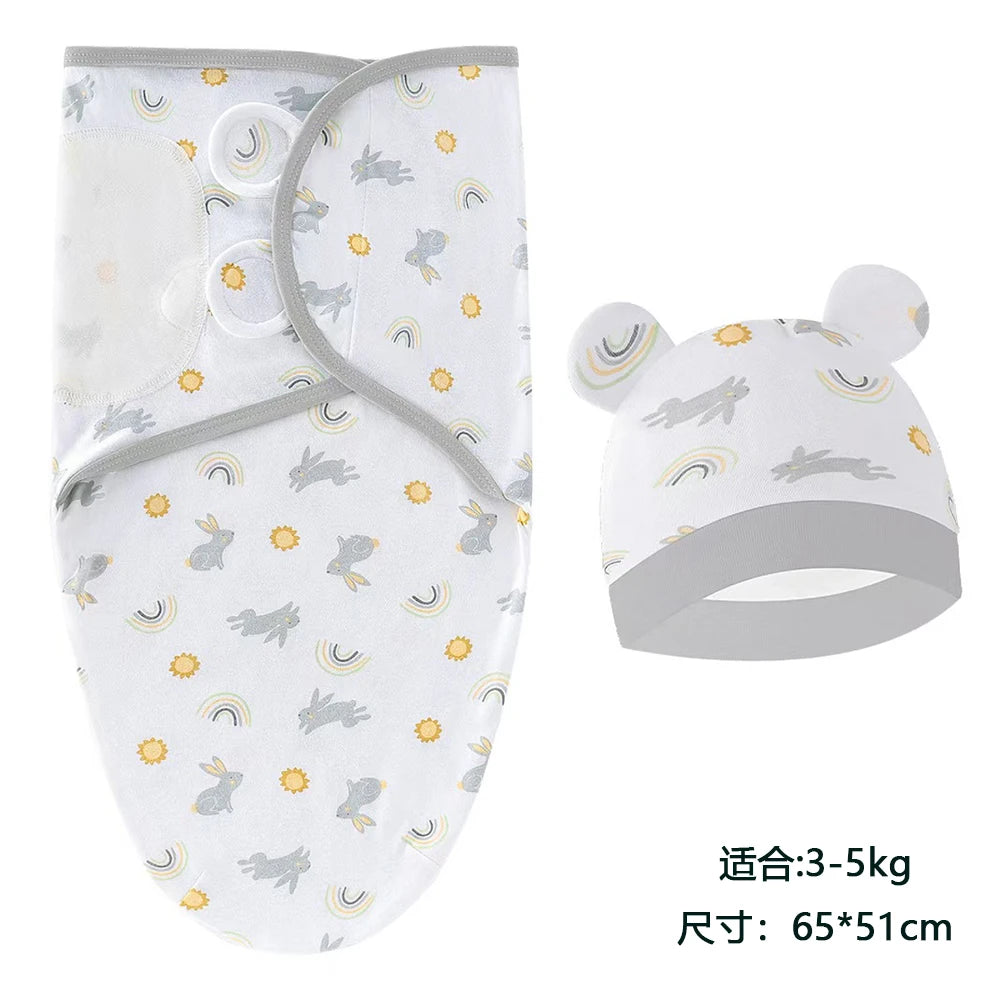 Newborn Cotton Baby Swaddle Wrap Adjustable Sleepsack Hat Set