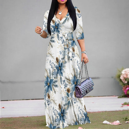 Vintage Floral V-Neck Maxi Dress - Casual Belted Summer Style