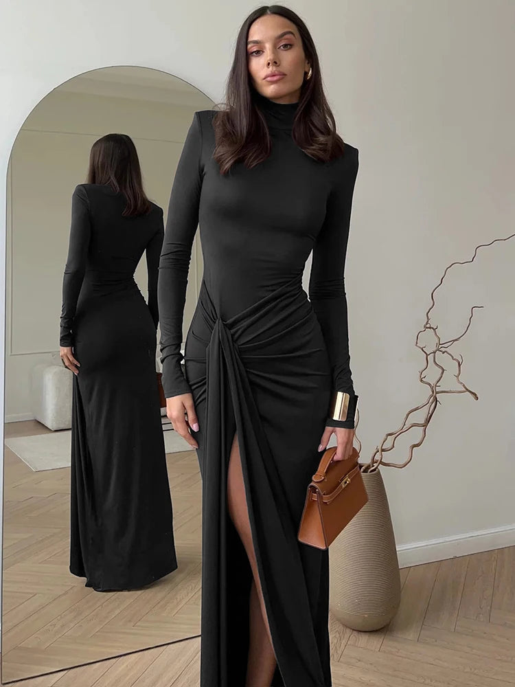 Turtleneck Thigh High Split Sexy Maxi Dress For Women Fashion Long Sleeve