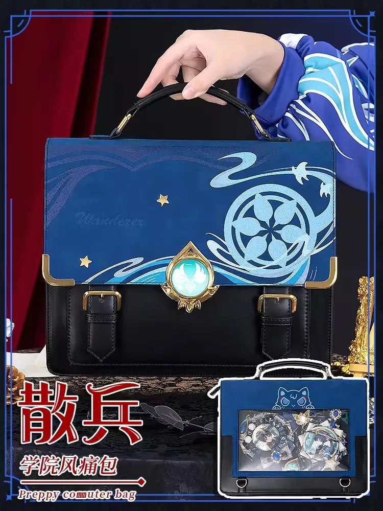 Genshin Impact Cosplay JK Student Backpack Wanderer PU Handbag Tartaglia Shoulder Bag Anime Game Vision Accessories Tote Gift