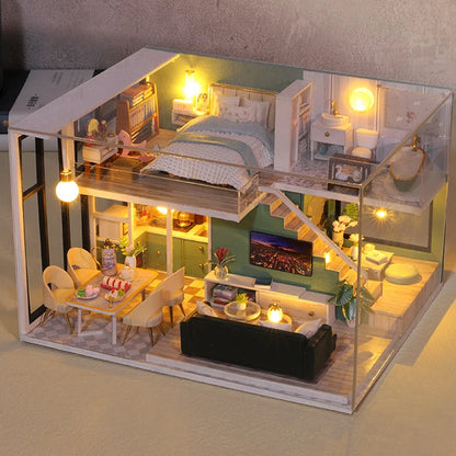 Wooden Miniature Doll House DIY Duplex Apartment Production 3D Puzzle Assembly Building Toy Decoration with Furniture Dollhouse