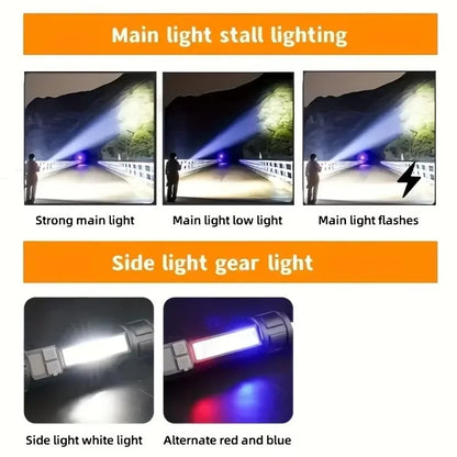 High Power LED Flashlight Powerful TYPE-C Rechargeable COB Flashlight With Side Light Torch For Outdoor Camping Hiking