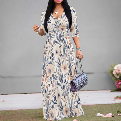 Vintage Floral V-Neck Maxi Dress - Casual Belted Summer Style