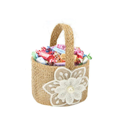 Wedding Lace Burlap Flower Basket Linen Candy Storage Bag Wedding Party Baby Shower Favour Gift Bag