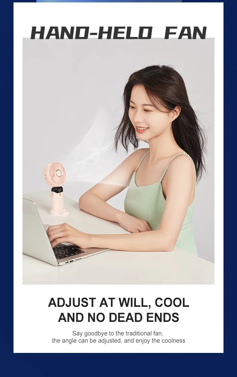 USB Handheld Mini Fan - Foldable, Portable, Neck Hanging, 5-Speed Rechargeable Fan with Phone Stand & Display Screen