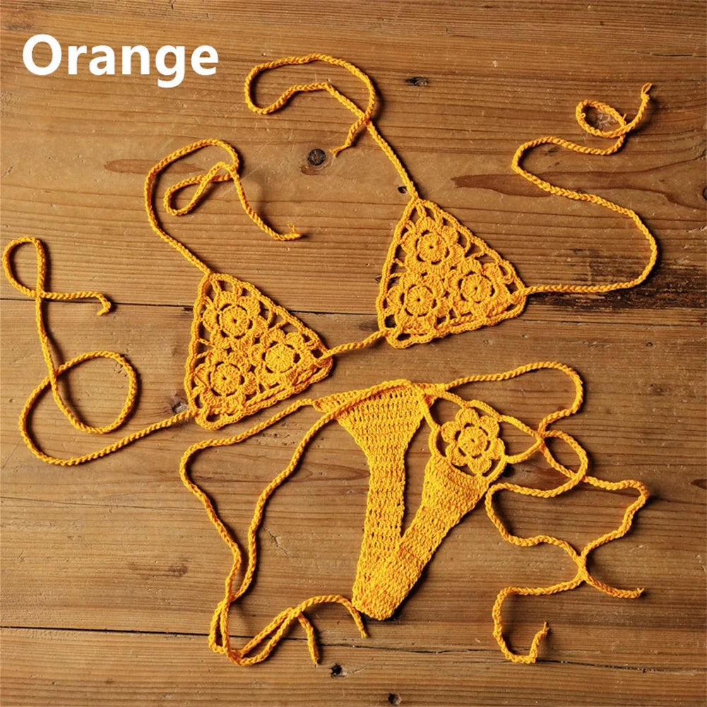 Women Sexy Handmade Bikini Sets Crochet Flower Solid Color Lace Thong String Swimwear Sunbathing Swimsuit Beach Wear Lace-up
