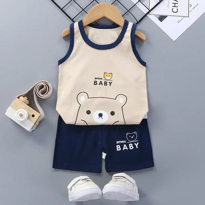 NoEnName_Null Unisex Baby Cartoon Print Pullover Shorts Set for Toddlers (Ages 1-3Y)