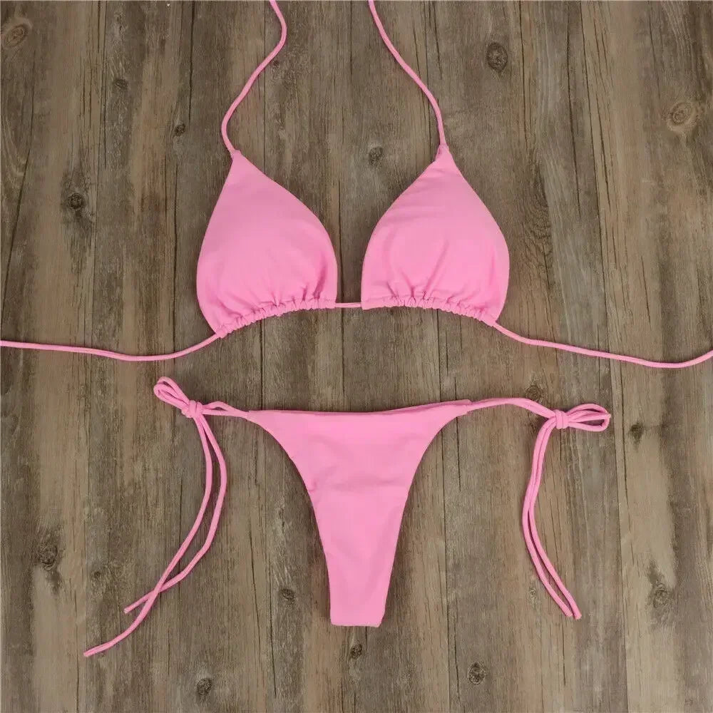 Women Thong Bikini Set Side Tie Sexy Swimsuit Bandage Style Brazilian Swimwear Neck Hanging Solid Color Adjustable Swimsuit Set