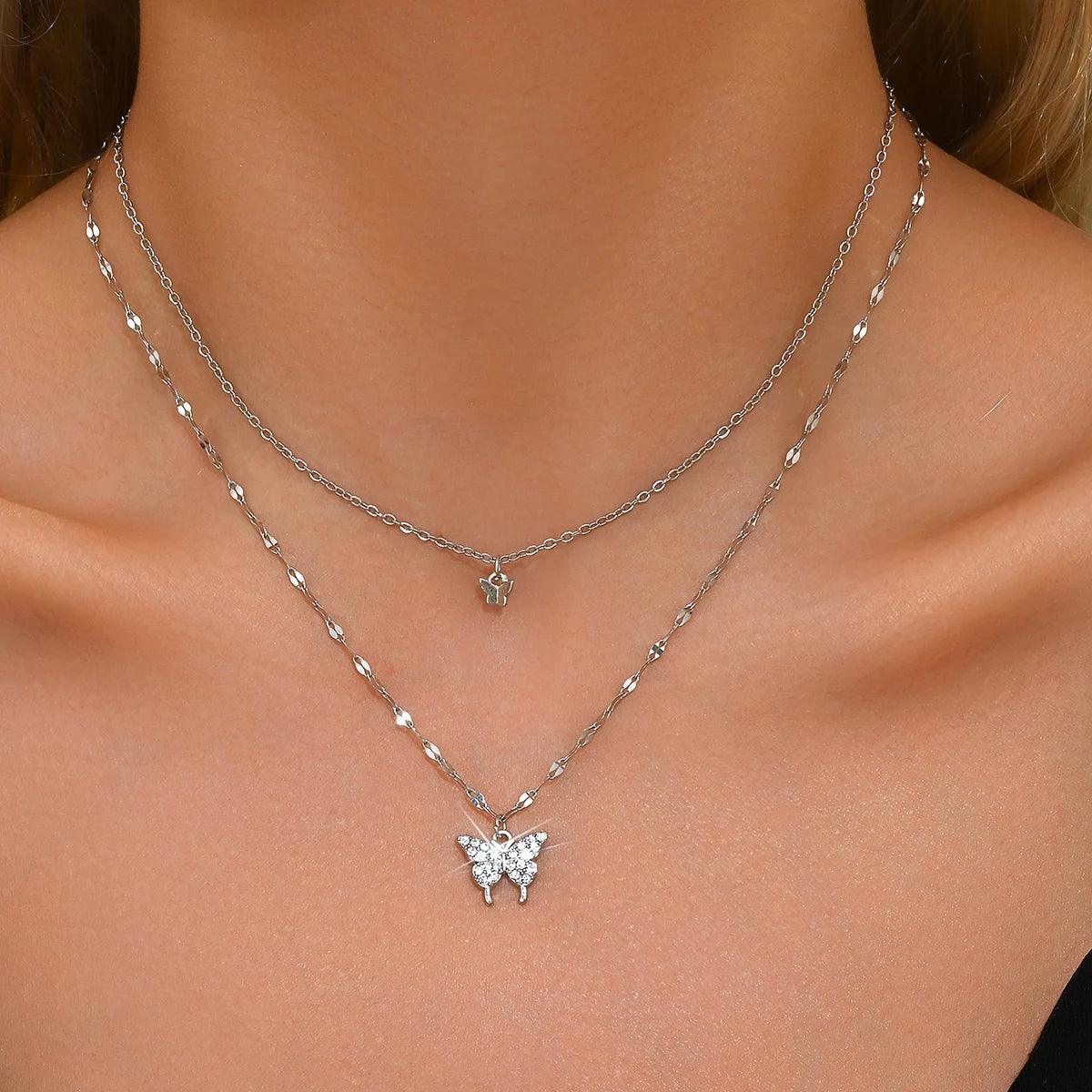 Women's Sparkling Double Layer Butterfly Collar Necklace