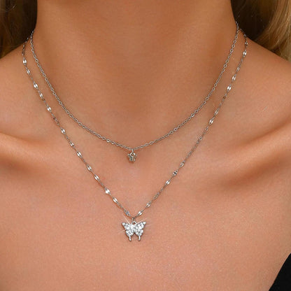 Women's Sparkling Double Layer Butterfly Collar Necklace