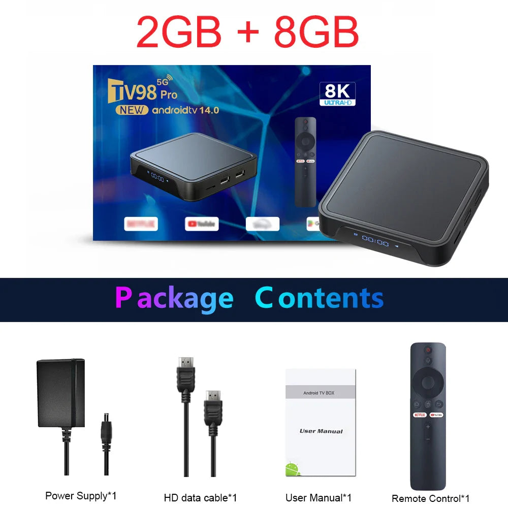 TV98 Pro 4K TV Box - Android 14, Quad Core, Dual WiFi