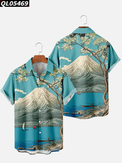 Alohadaddy Hawaiian Casual Plants Palm Leaves Print Art Pockets Buttons Elastic Large Size Shirt