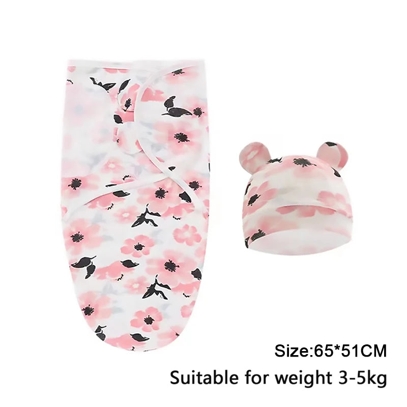 Newborn Cotton Baby Swaddle Wrap Adjustable Sleepsack Hat Set