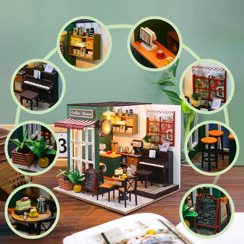 DIY 3D wooden dollhouse building kit with miniature furniture and lights

