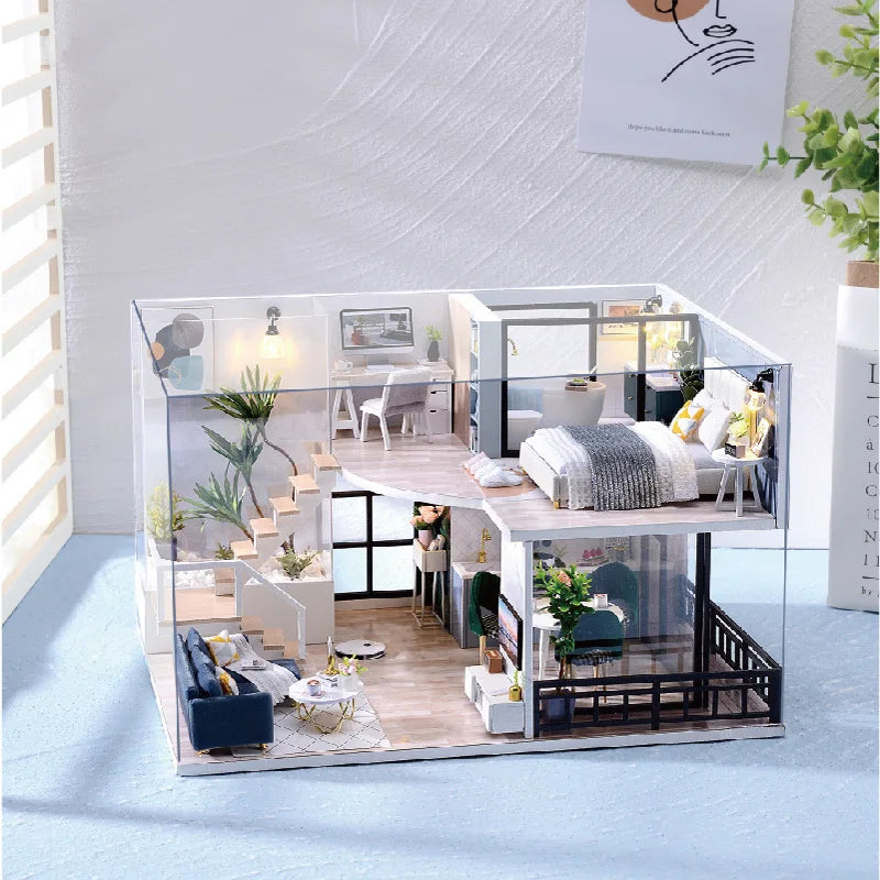 Wooden Miniature Doll House DIY Duplex Apartment Production 3D Puzzle Assembly Building Toy Decoration with Furniture Dollhouse