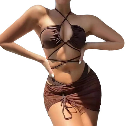 Bikinis Sets Swimsuit For Women Solid Hollow Strap Sexy Bikini Swimwear Three Piece Mesh Swimsuit Swimwear For Women