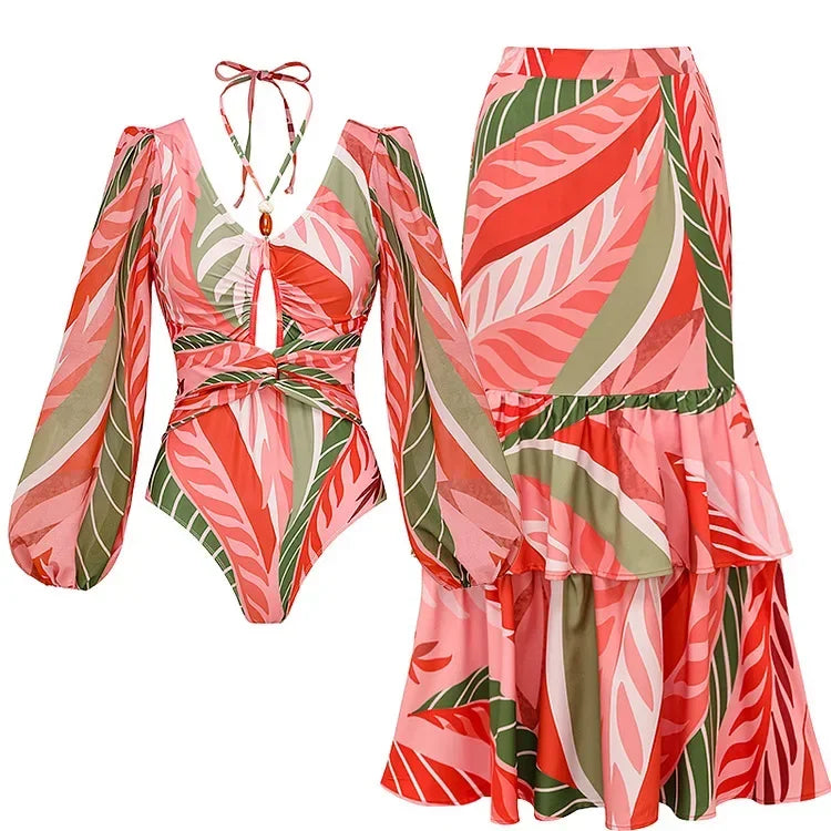 One Piece Bathing Suit for Women with Bikini Maxi Wrap Skirt 2Pcs Floral Print Swimsuit High Waist Tummy Control Beach Suits