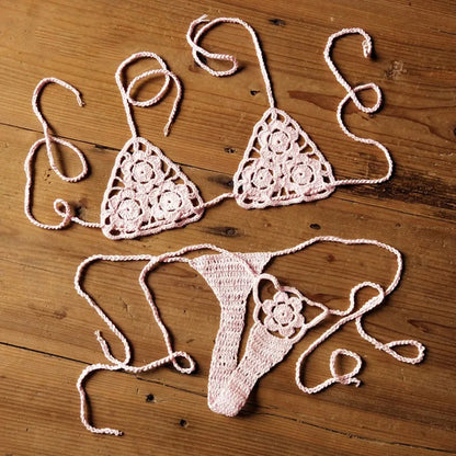 Women Sexy Handmade Bikini Sets Crochet Flower Solid Color Lace Thong String Swimwear Sunbathing Swimsuit Beach Wear Lace-up