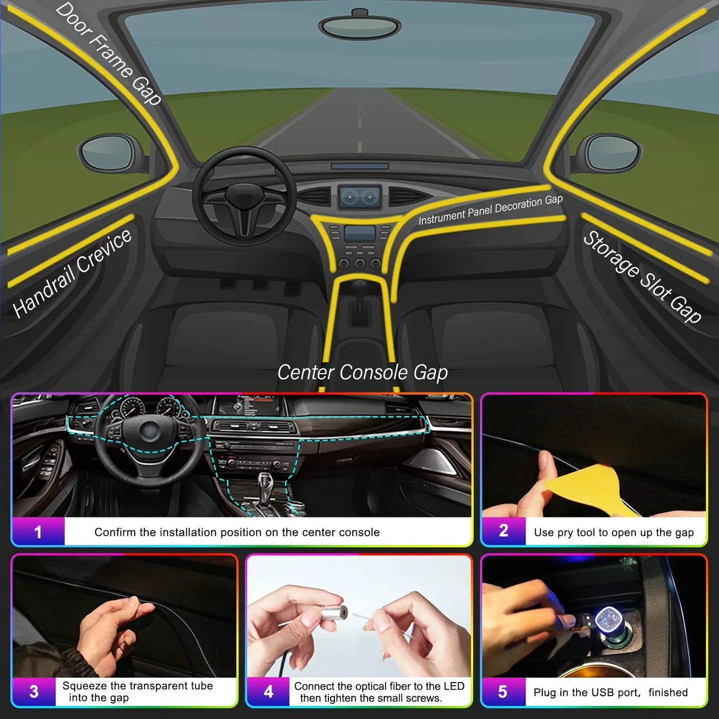 RGB LED Fiber Optic Ambient Strip Lights with App Control for Cars