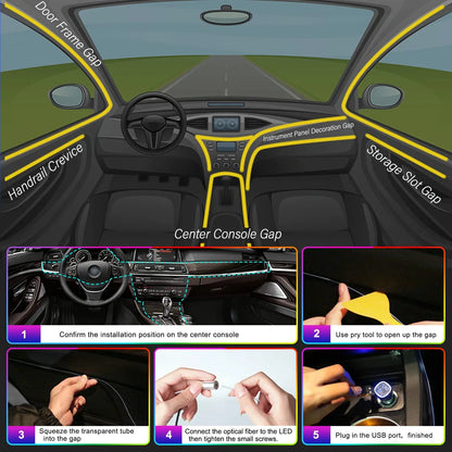 RGB LED Fiber Optic Ambient Strip Lights with App Control for Cars