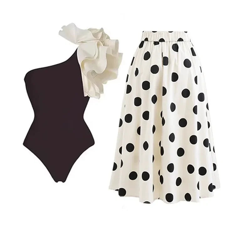 One Piece Bathing Suit for Women with Bikini Maxi Wrap Skirt 2Pcs Floral Print Swimsuit High Waist Tummy Control Beach Suits