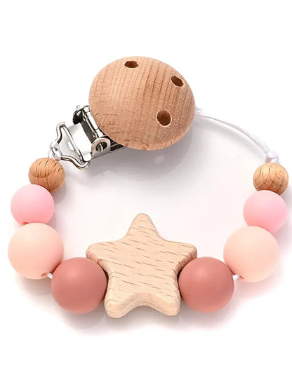 Wooden Pentagram Baby Pacifier Chain with Silicone Beads