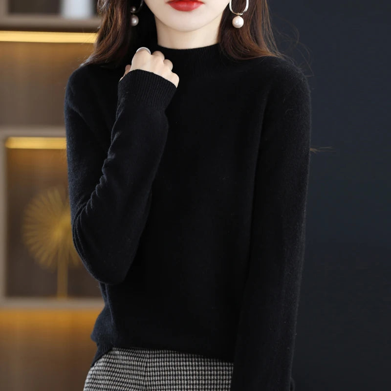 Women’s 100% Pure Wool Half Neck Pullover Sweater for Winter
