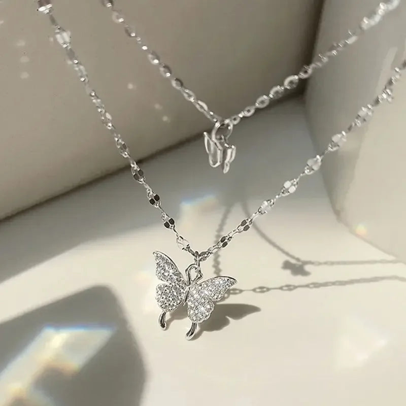Women's Sparkling Double Layer Butterfly Collar Necklace