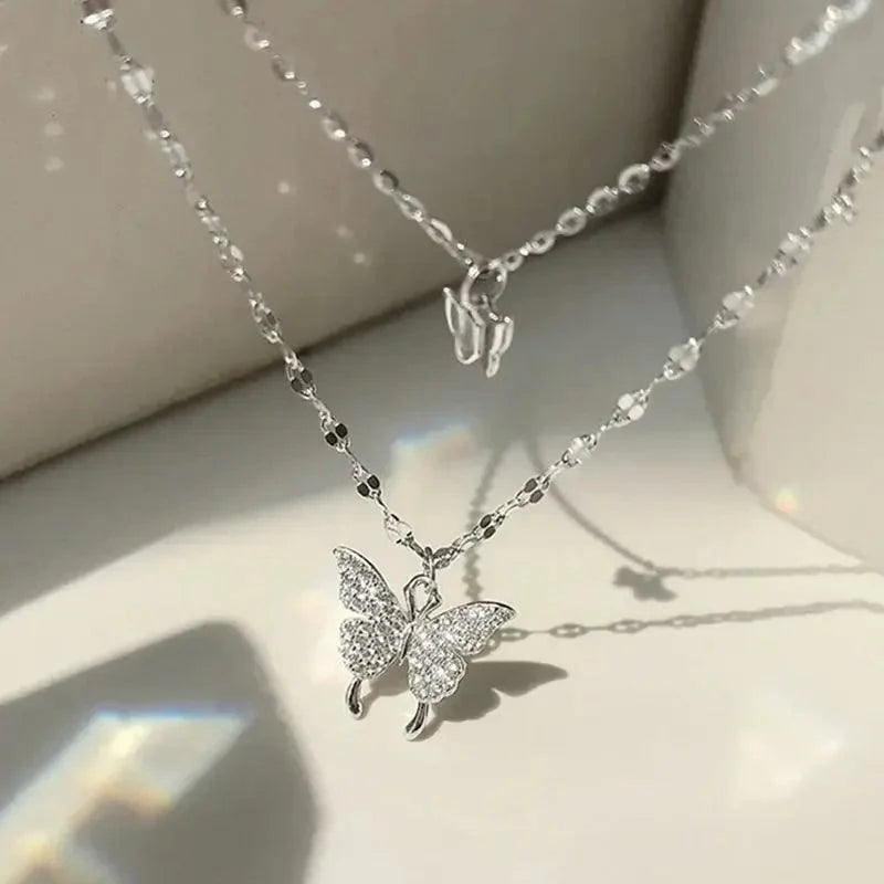 Women's Sparkling Double Layer Butterfly Collar Necklace