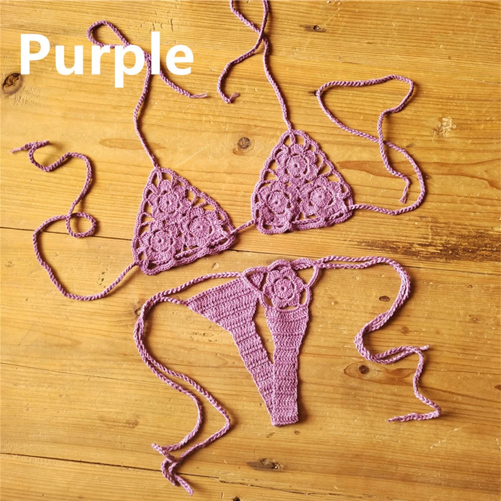 Women Sexy Handmade Bikini Sets Crochet Flower Solid Color Lace Thong String Swimwear Sunbathing Swimsuit Beach Wear Lace-up