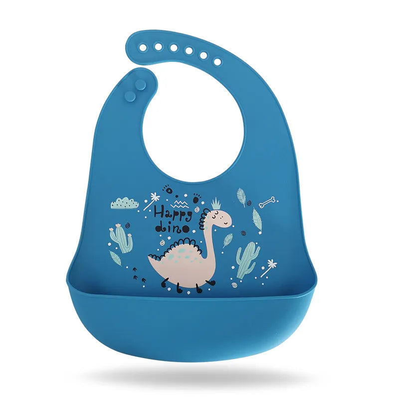 Waterproof Baby Bibs with Adorable Cartoon Dinosaur Print – Adjustable, Soft Silicone Material for Mess-Free Toddler Feeding