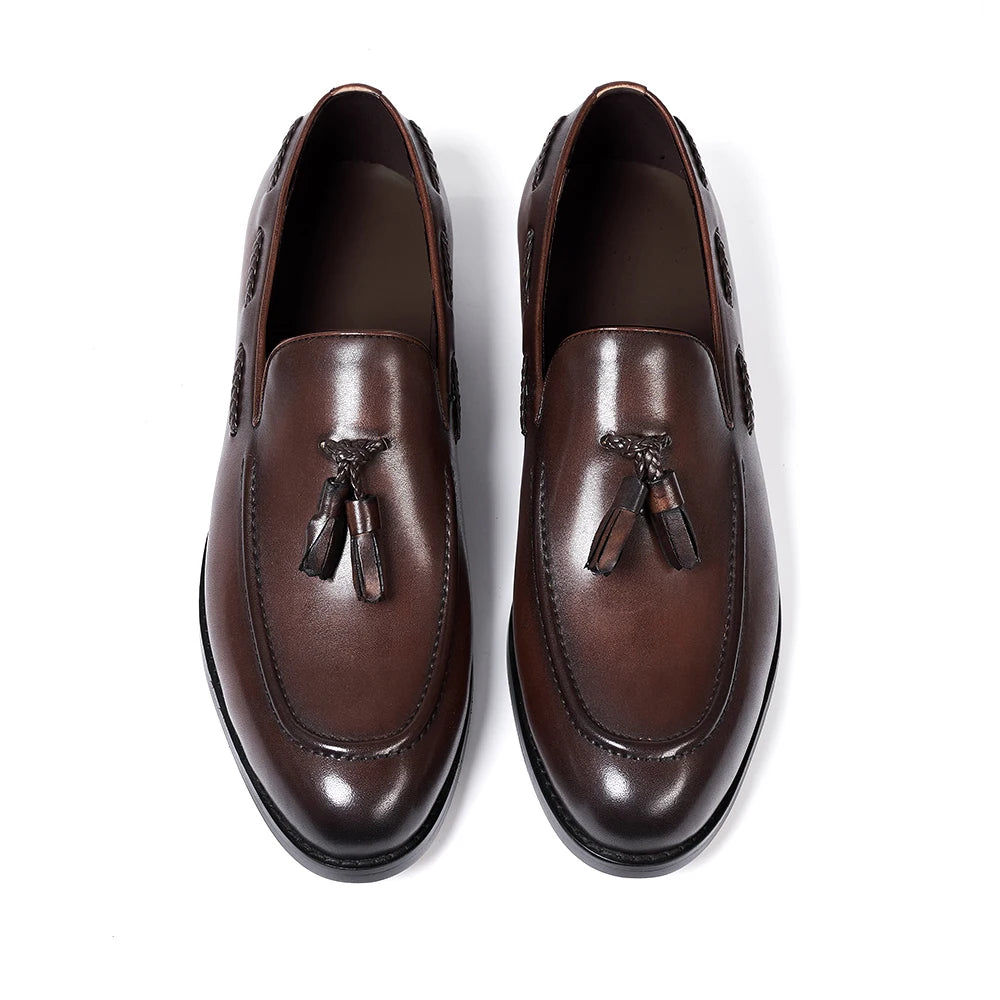Men's Genuine Leather Handmade Slip on Tassel Loafers Shoes