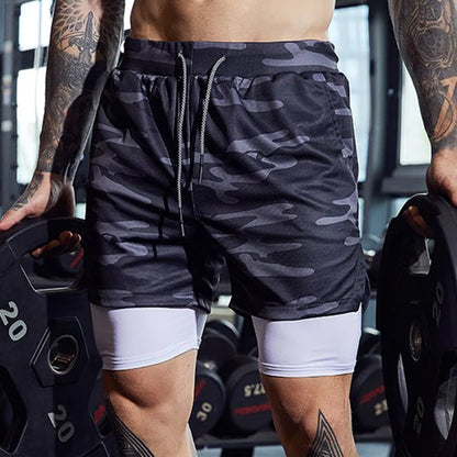 Gyms Fitness Shorts Men Summer Sportswear 2 In 1 Double-deck Compression Shorts Male Tracksuits Track Joggers Short Pants
